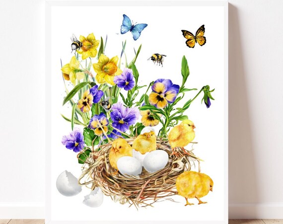 Watercolor Spring Chicks Nest Eggs Daffodil Easter Scene Poster