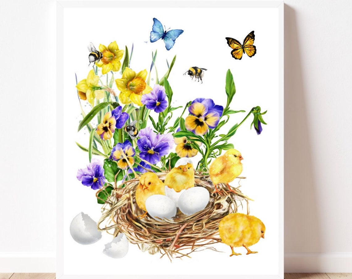 Watercolor Spring Chicks Nest Eggs Daffodil Easter Scene Poster