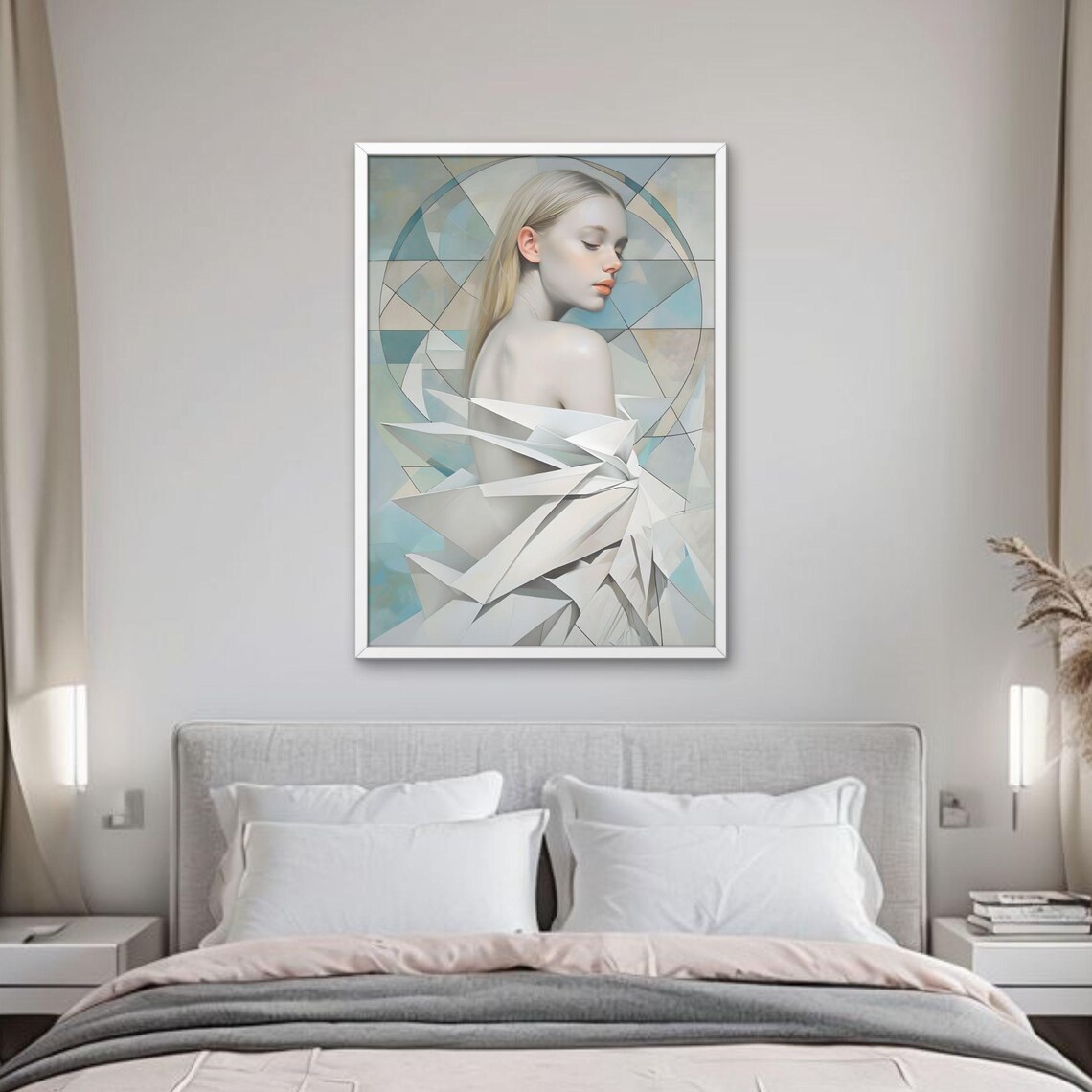 Ethereal Blonde Woman Portrait Pastel Geometry Art Poster Decor