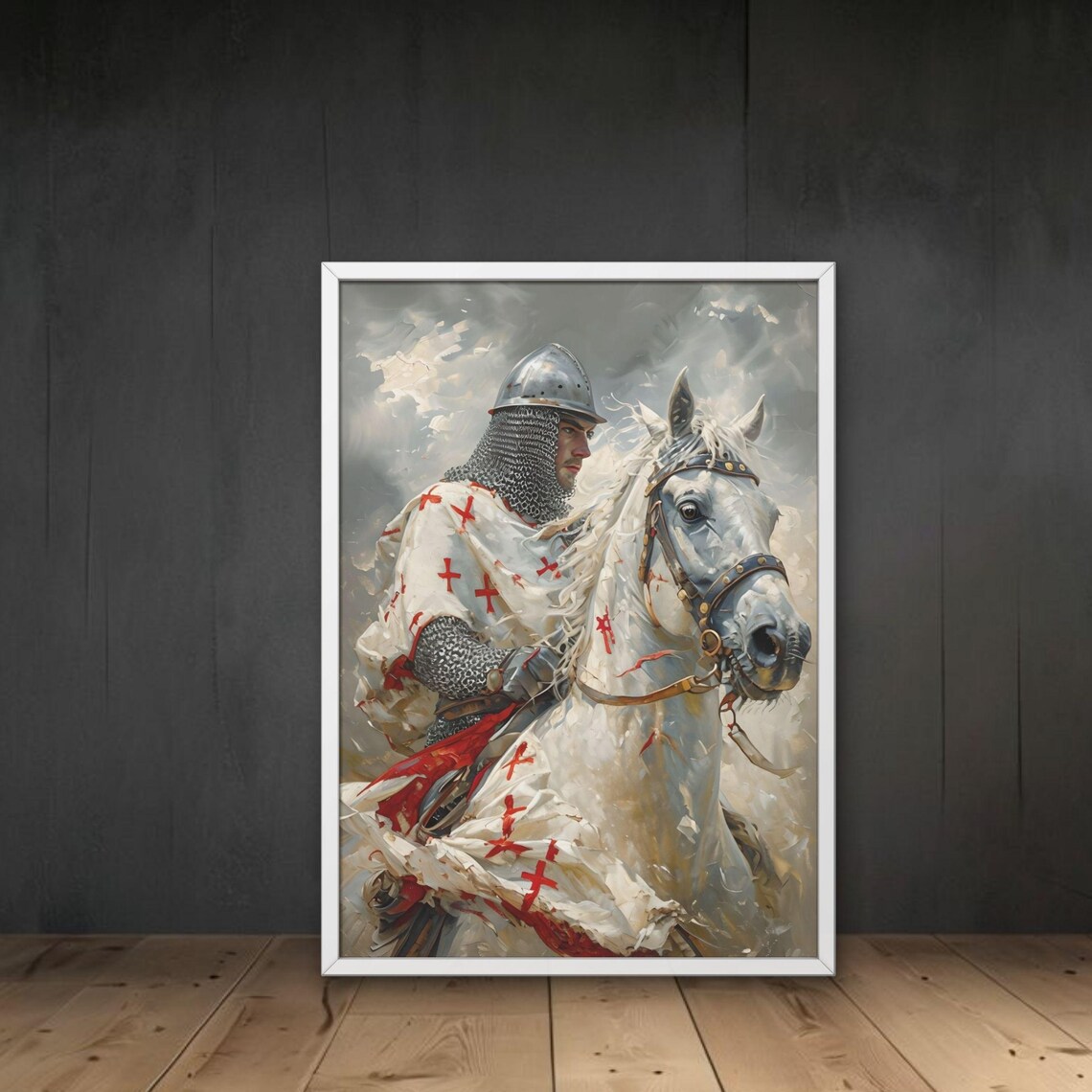 Templar Knight Riding White Horse Medieval Crusader Art Poster