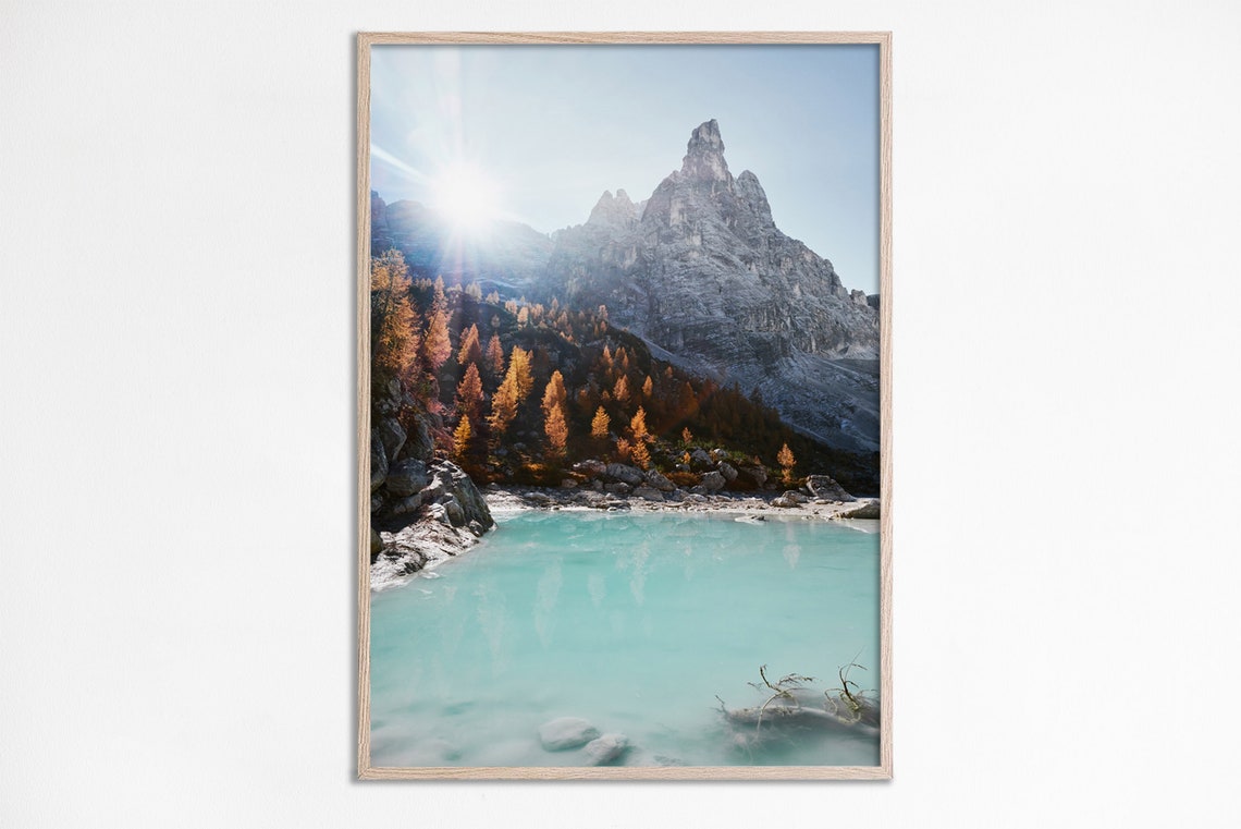 Turquoise Mountain Lake Autumn Larch Forest Sunrise Landscape Poster
