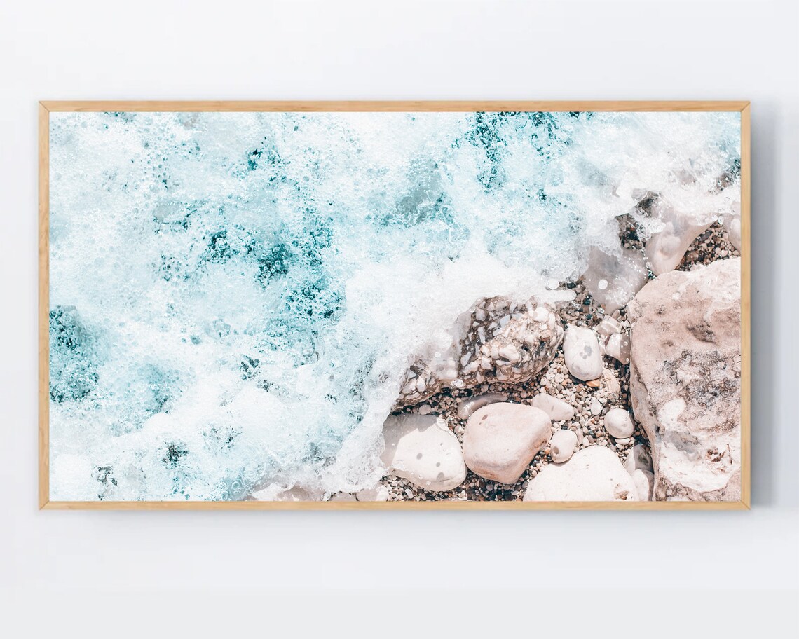Ocean Sea Wave Foam Crash on Beach Pebbles Summer Photography Poster