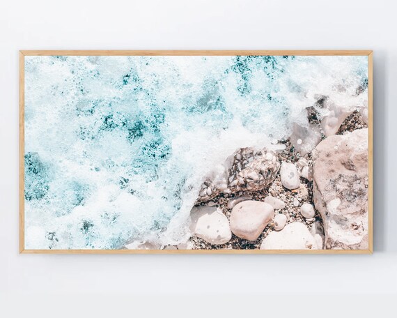Ocean Sea Wave Foam Crash on Beach Pebbles Summer Photography Poster