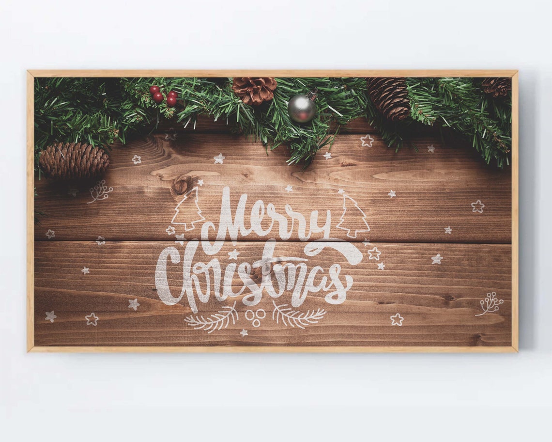 Merry Christmas Rustic Wooden Sign Pine Garland Holiday Poster