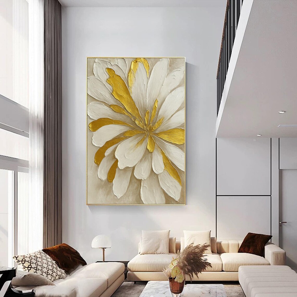 Gold White Floral Painting, Modern Neutral Decor - Image 3