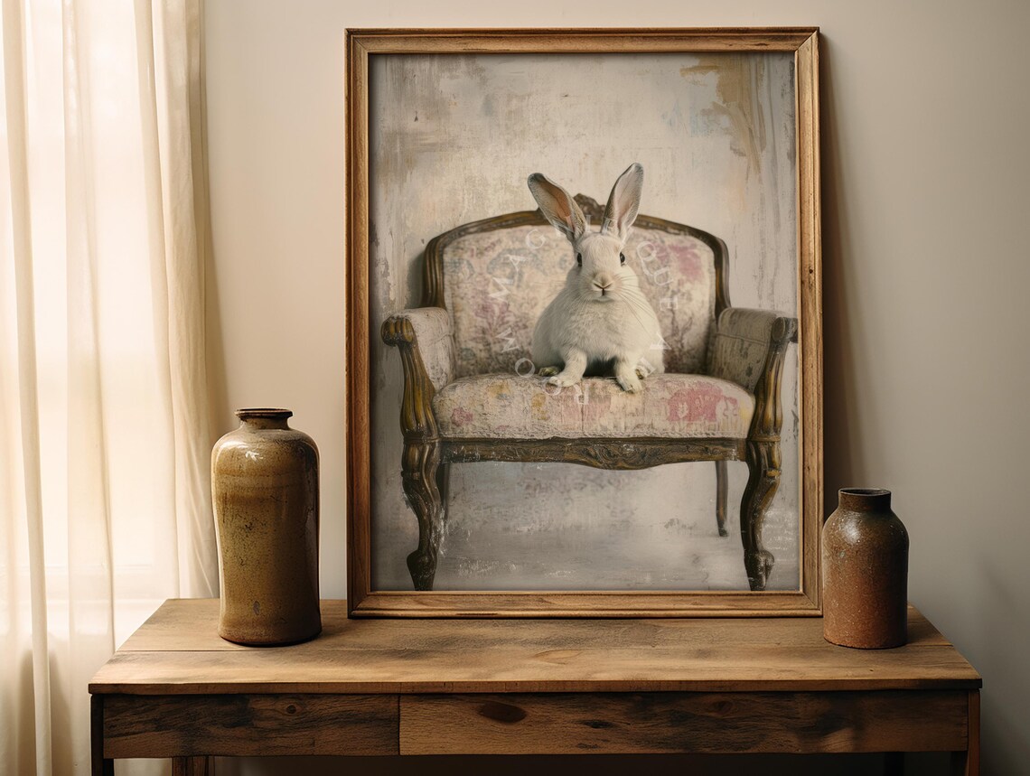 Cute Rabbit on Vintage Sofa, Easter Bunny Art Print - Image 2