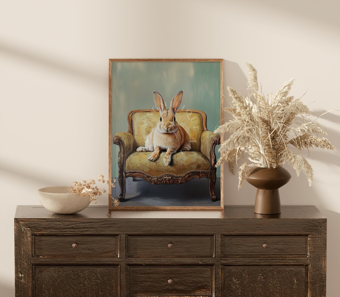 Vintage Easter Bunny on Sofa, Easter Wall Art Print - Image 2