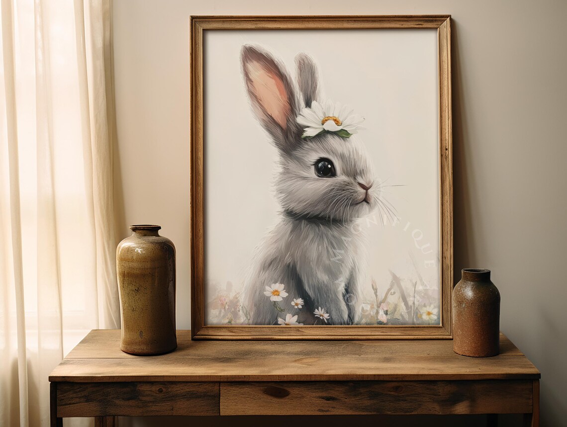 Cute Bunny Art Print, Neutral Nursery Spring Decor - Image 2
