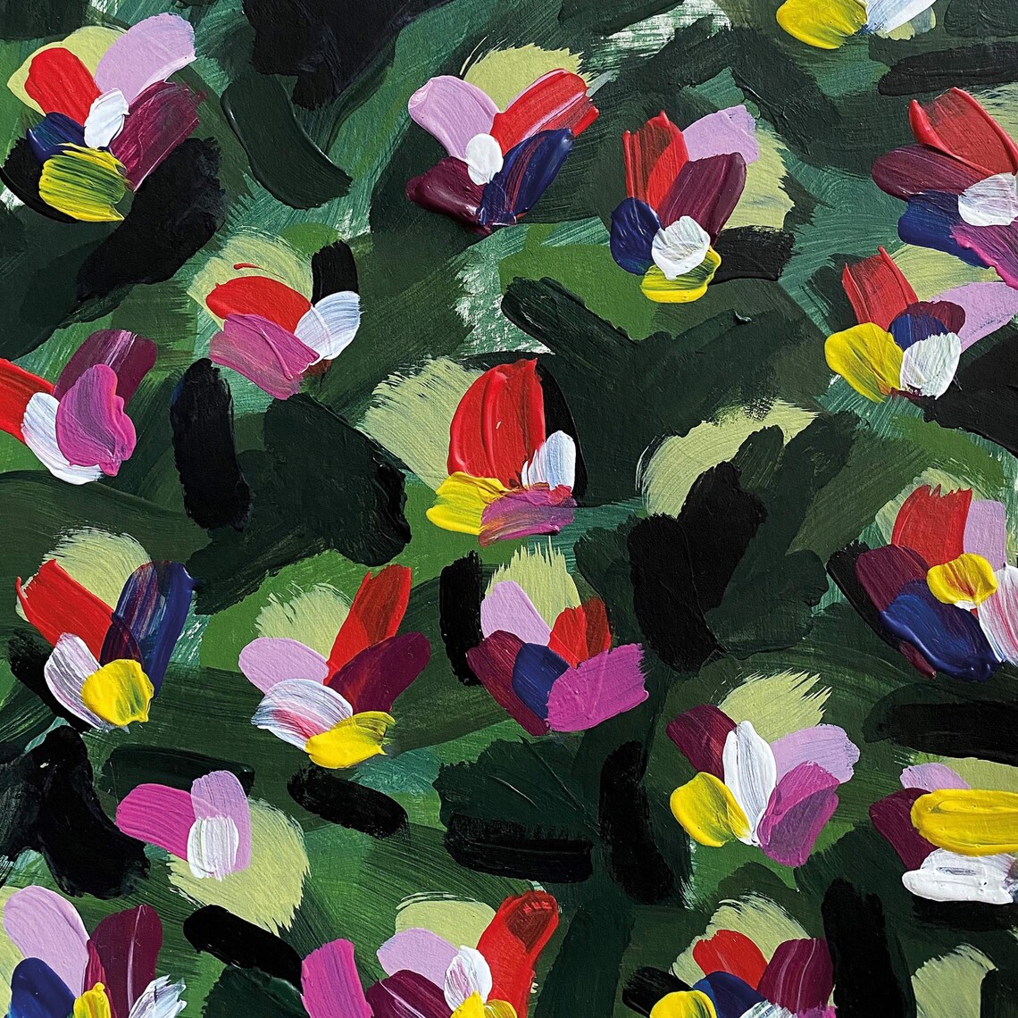Colorful Impasto Blossoms on Dark Green Abstract Floral Poster - Image 4