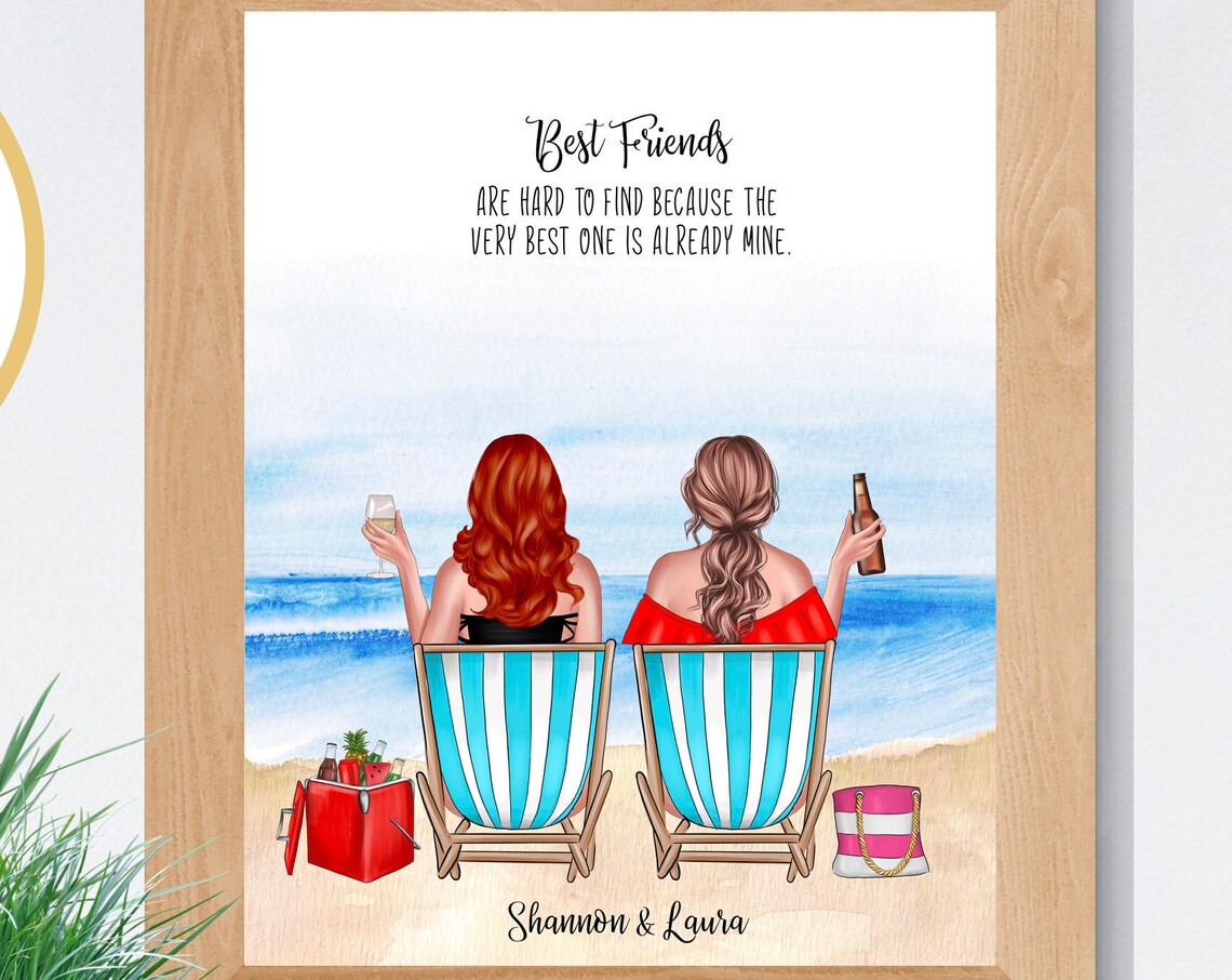 Best Friends Quote Two Women Beach Chairs Wine Ocean Sunset Poster