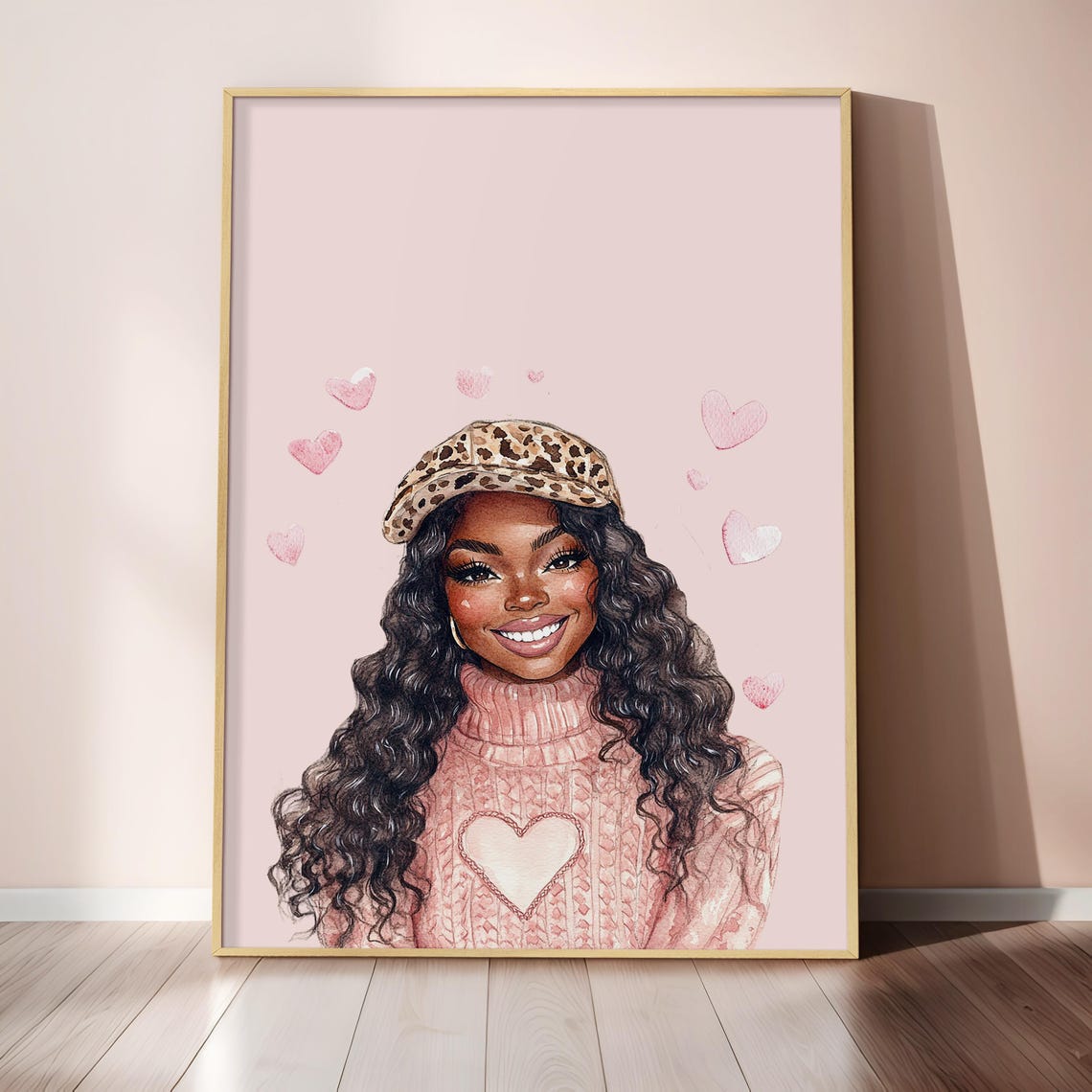 Smiling Black Girl Leopard Beret Pink Heart Sweater Art Poster - Image 3