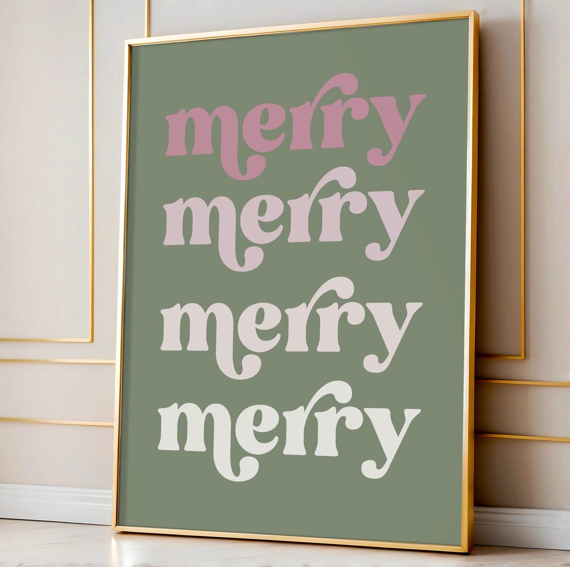 Merry Retro Typography Sage Green Pink Christmas Holiday Print