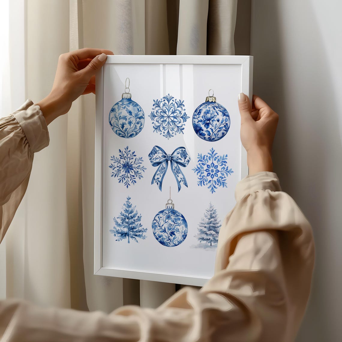 Chinoiserie Baubles Snowflakes Blue White Christmas Grid Poster - Image 2