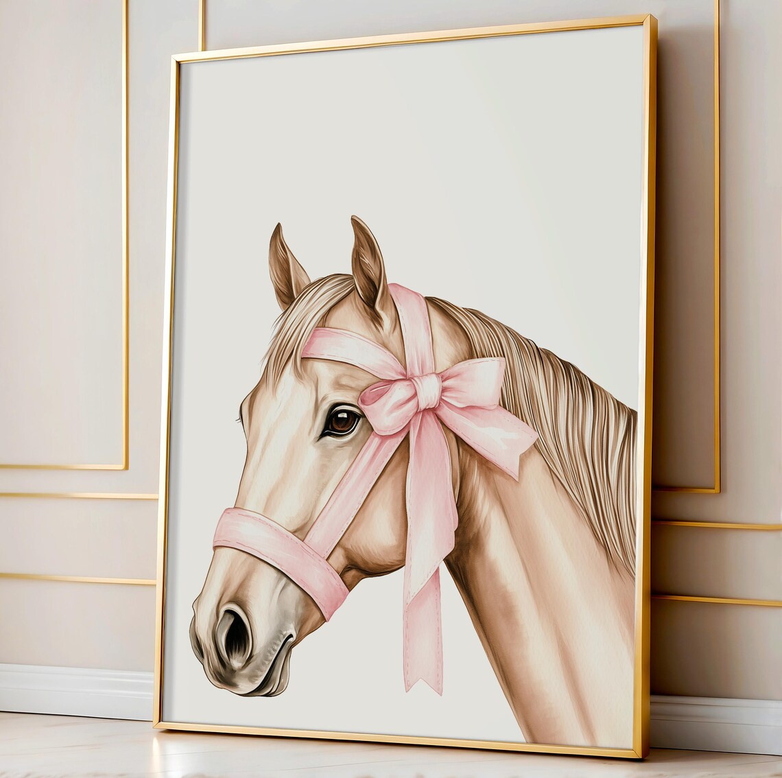 Horse Pink Bow Watercolor Equestrian Cowgirl Nursery Wall Art