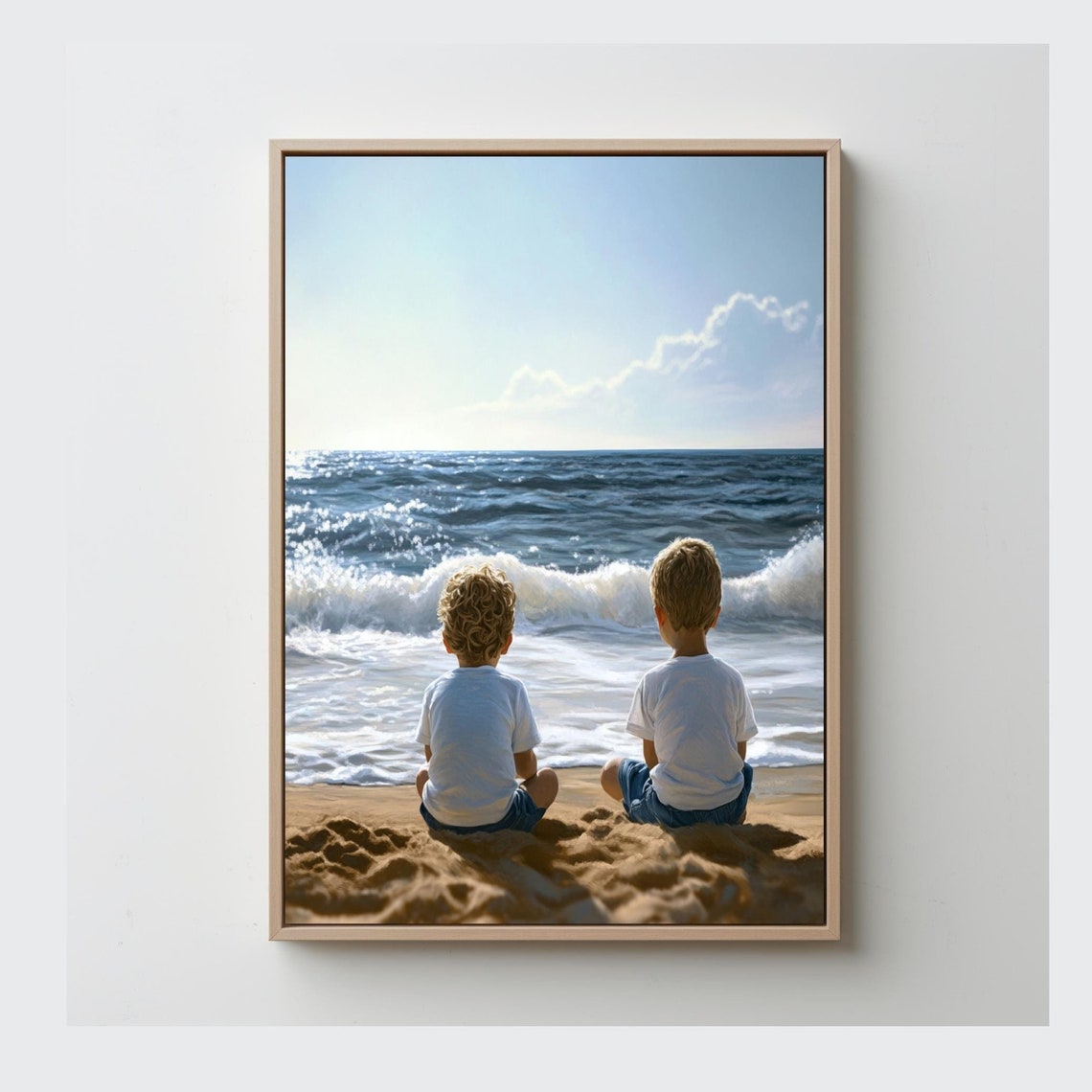 Two Boys Watching Ocean Waves Sandy Beach Summer Scene Poster