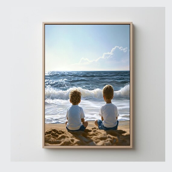 Two Boys Watching Ocean Waves Sandy Beach Summer Scene Poster