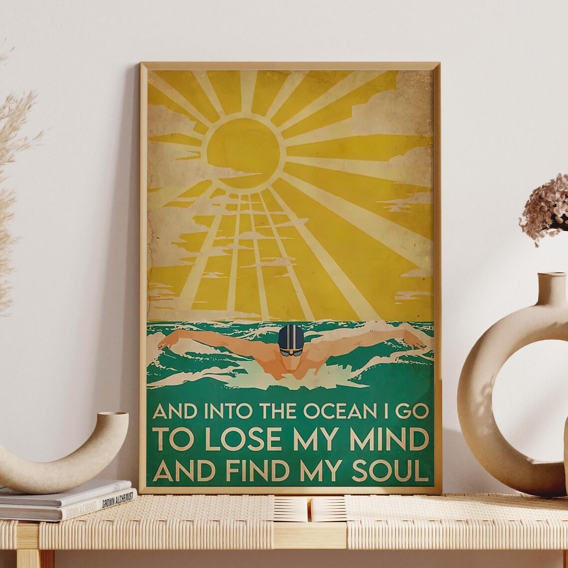 Swimmer Sunrise Ocean Lose My Mind Find My Soul Vintage Poster