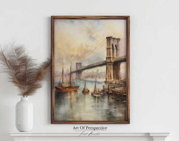 Brooklyn Bridge New York City Vintage Watercolor Sailing Boats Poster