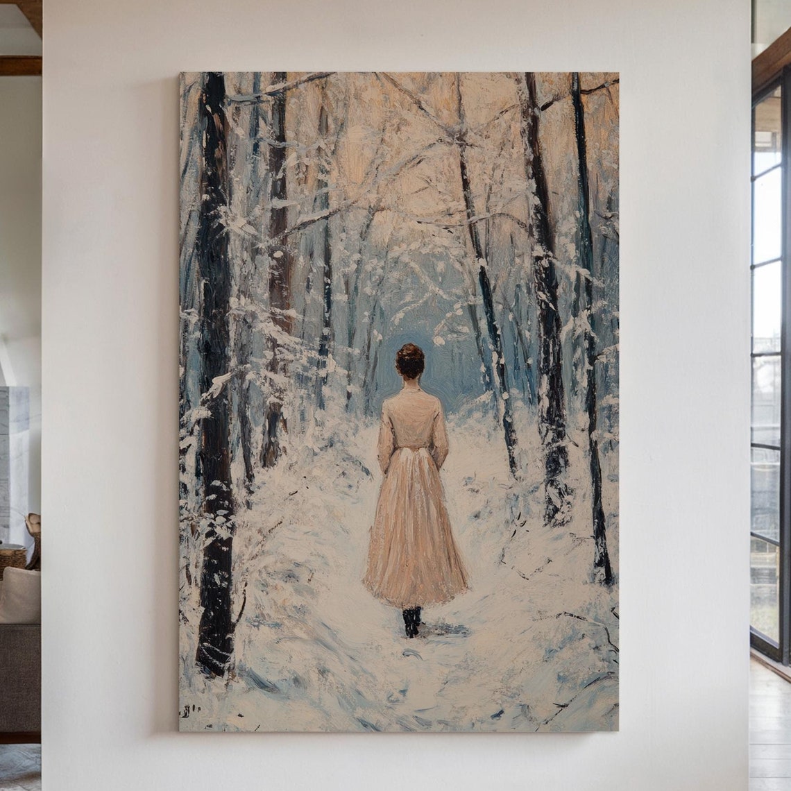 Woman Walking Away Through Snowy Forest Path Winter Scene Poster
