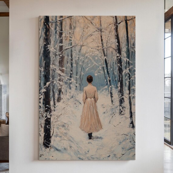 Woman Walking Away Through Snowy Forest Path Winter Scene Poster