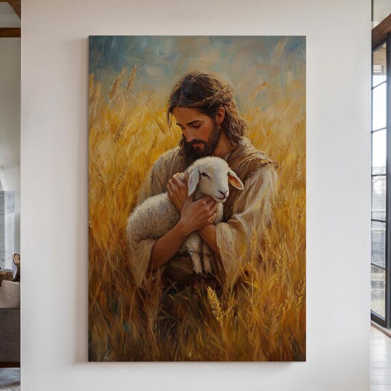 Jesus Cradling a Lamb Against His Chest in a Wheat Field Poster