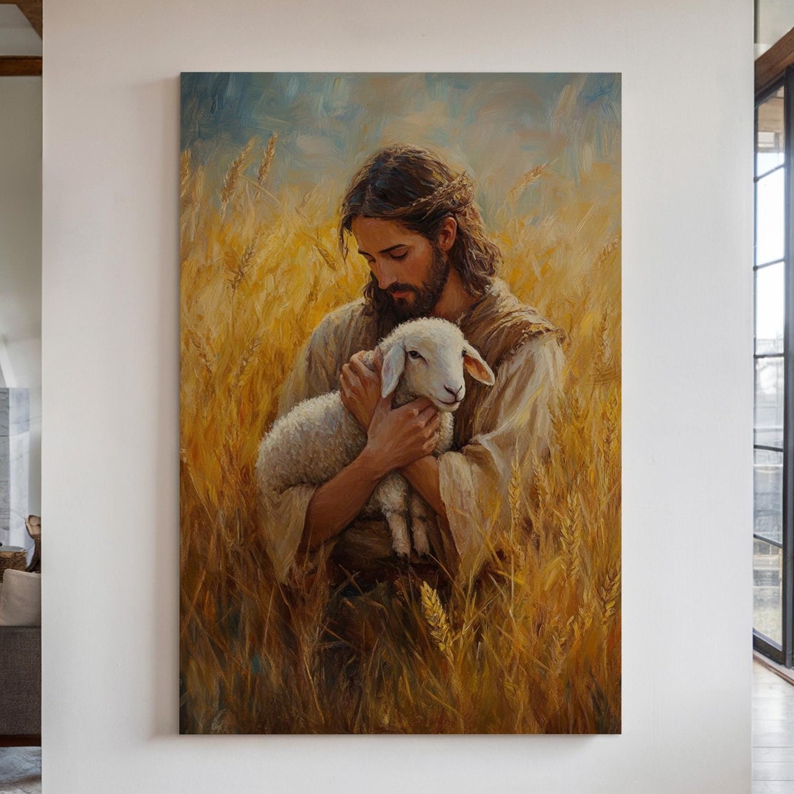 Jesus Cradling a Lamb Against His Chest in a Wheat Field Poster