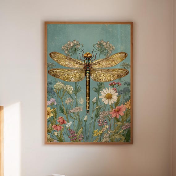Golden Dragonfly Canvas Wall Art Botanical Nature Print With Wildflowers Insect Illustration Artwork For Boho Farmhouse Or Rustic Dcor