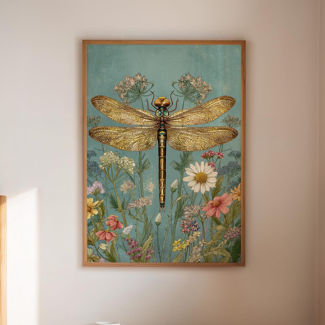 Golden Dragonfly Wildflower Botanical Vintage Nature Art Poster