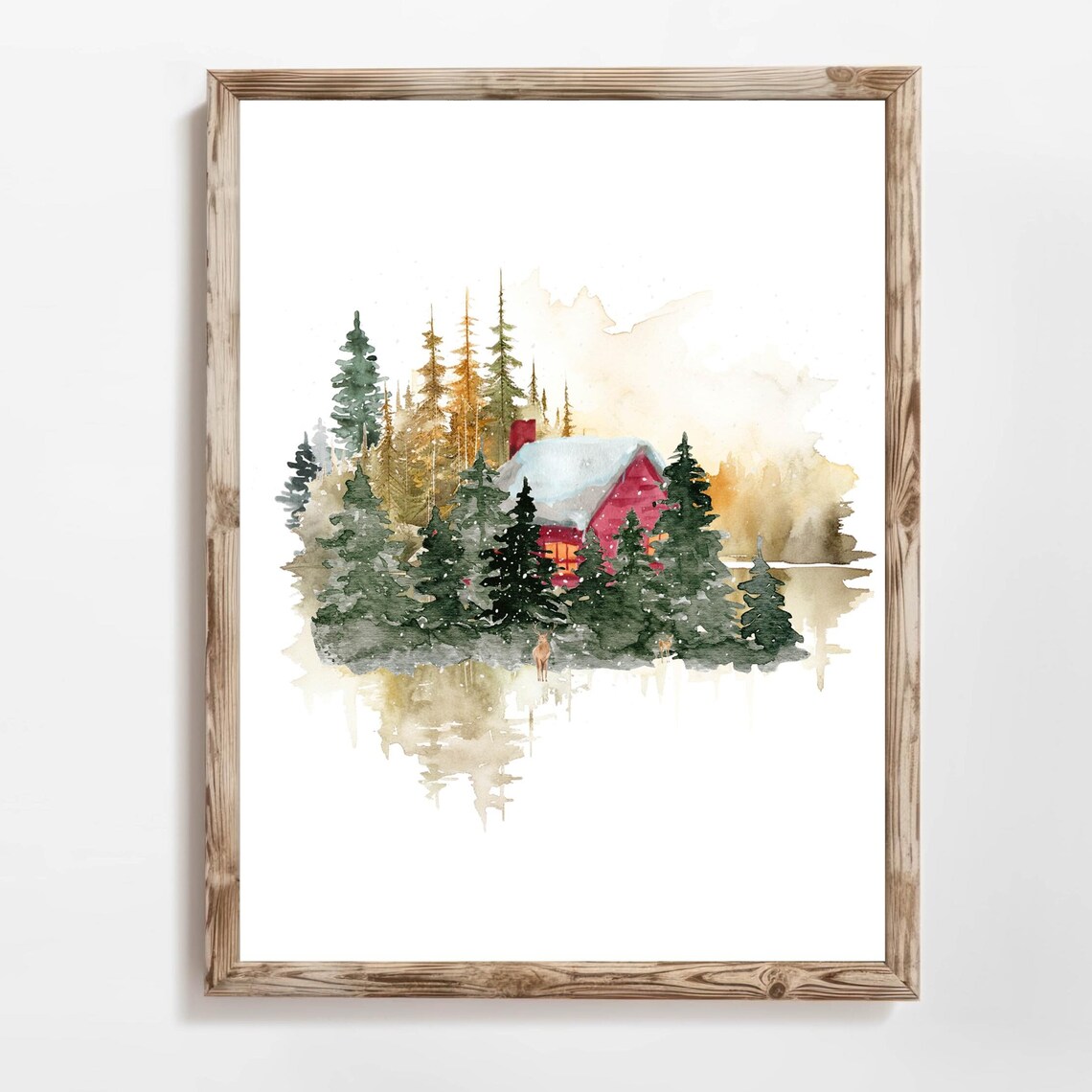 Cozy Red Cabin In Snowy Woodland Forest Winter Watercolor Poster