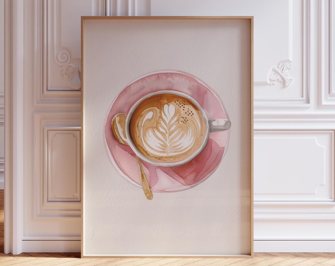 Pink Coffee Poster, Watercolor Latte Cup Art Print