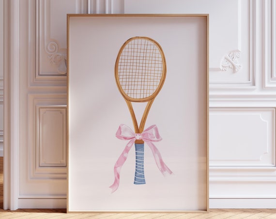 Tennis Racket With Bow Print Pink Ribbon Watercolor Preppy