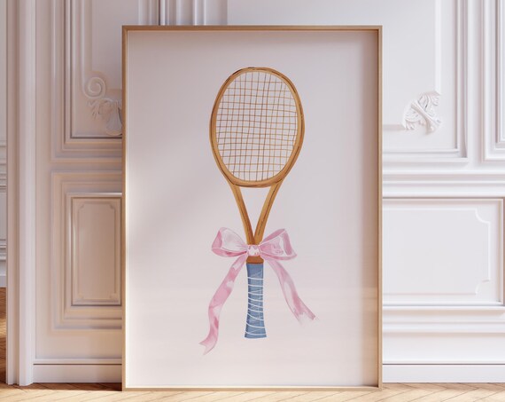 Vintage Tennis Racket With Pink Bow Watercolor Preppy Sports Wall Art