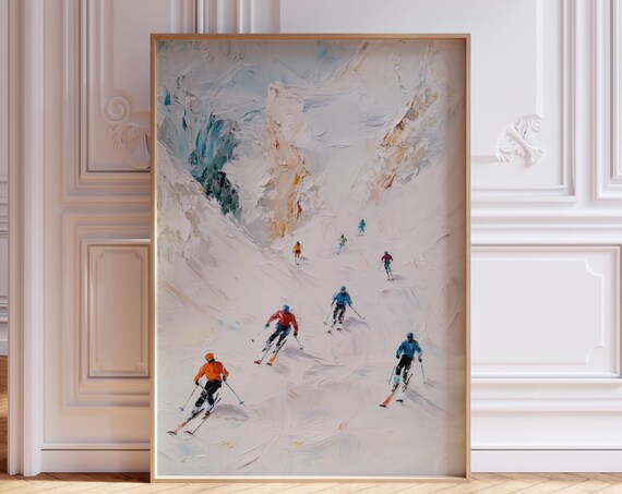 Skiers Racing Down Snowy Mountain Painterly Winter Sports Art Print