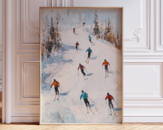 Retro Skiers Gliding Down Snowy Slope Winter Sports Art Poster