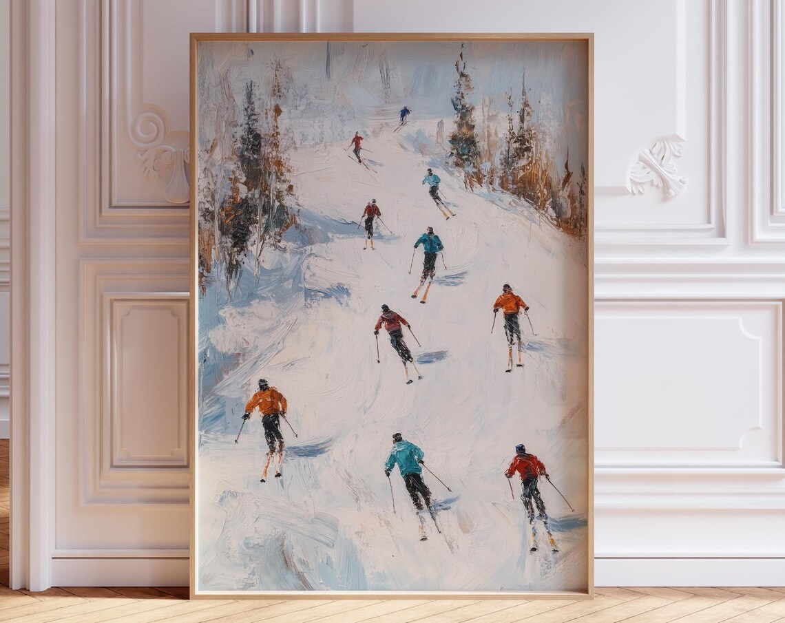 Retro Skiers Gliding Down Snowy Slope Winter Sports Art Poster