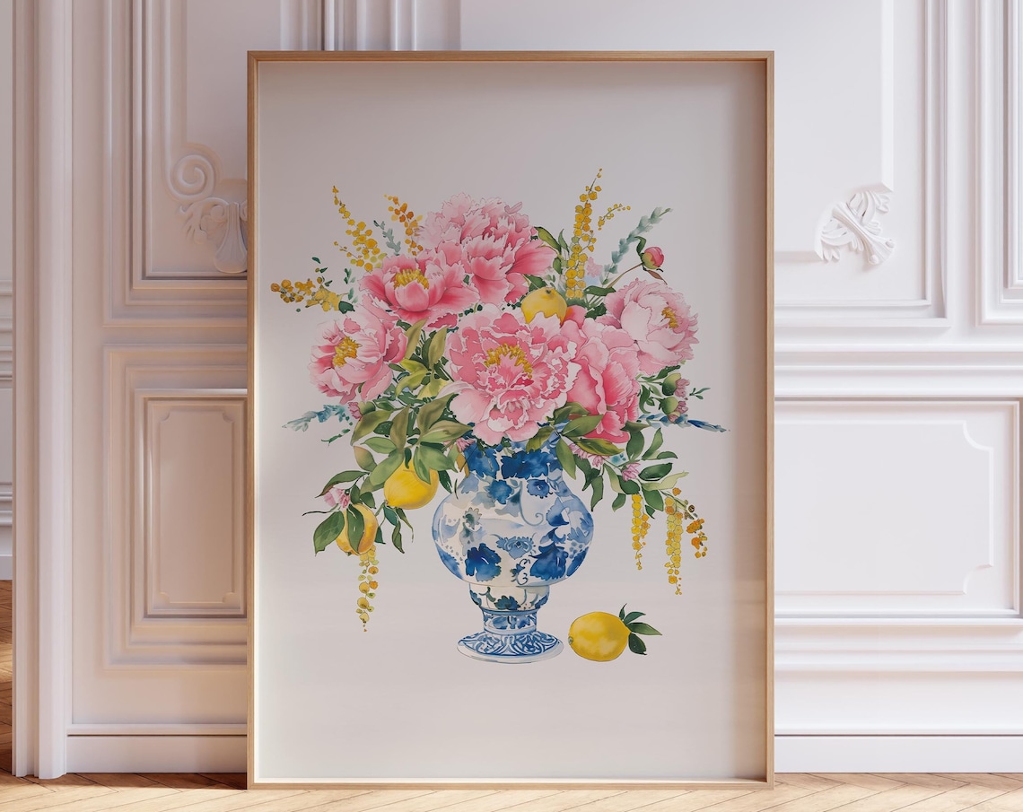 Pink Peonies and Lemons in Chinoiserie Vase Watercolor Floral Print