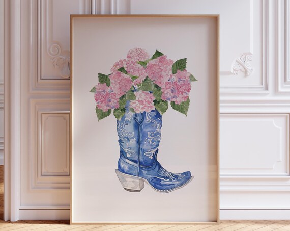 Blue Cowboy Boot Pink Hydrangeas Watercolor Western Art Poster