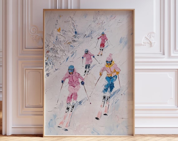 Pink Ski Poster Retro Skiing Print Girly Skier Vintage