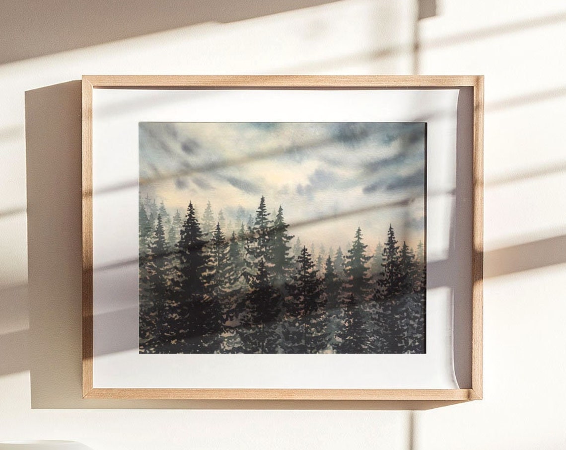 Misty Pine Forest Poster Watercolor Evergreen Trees Landscape Art