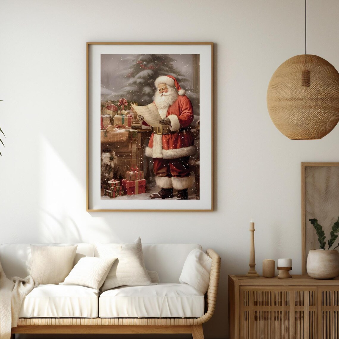 Vintage Santa Reading Letter Snowy Christmas Eve Scene Art Poster - Image 2