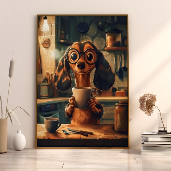 Funny Dachshund Coffee Print Cute Sausage Dog Wall Art Quirky Kitchen Decor Lover Gift