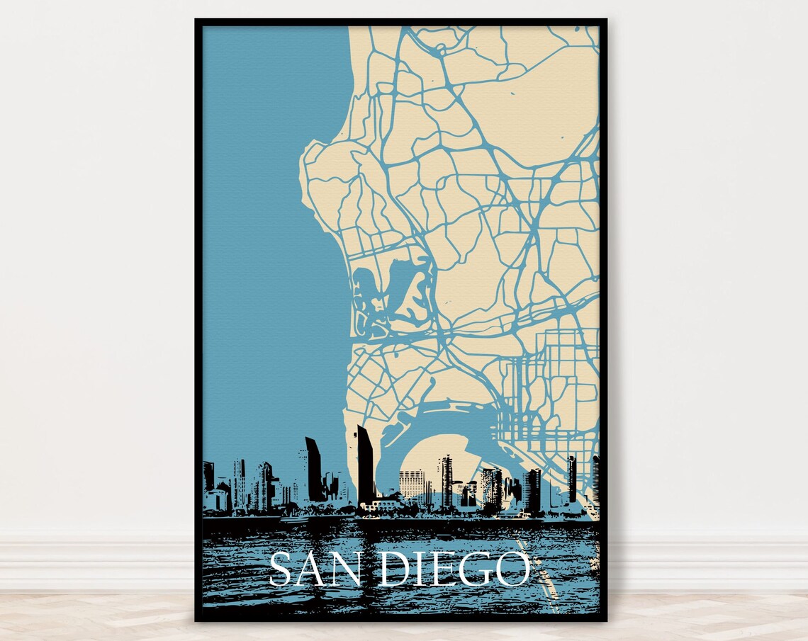 San Diego City Map and Skyline Travel Poster
