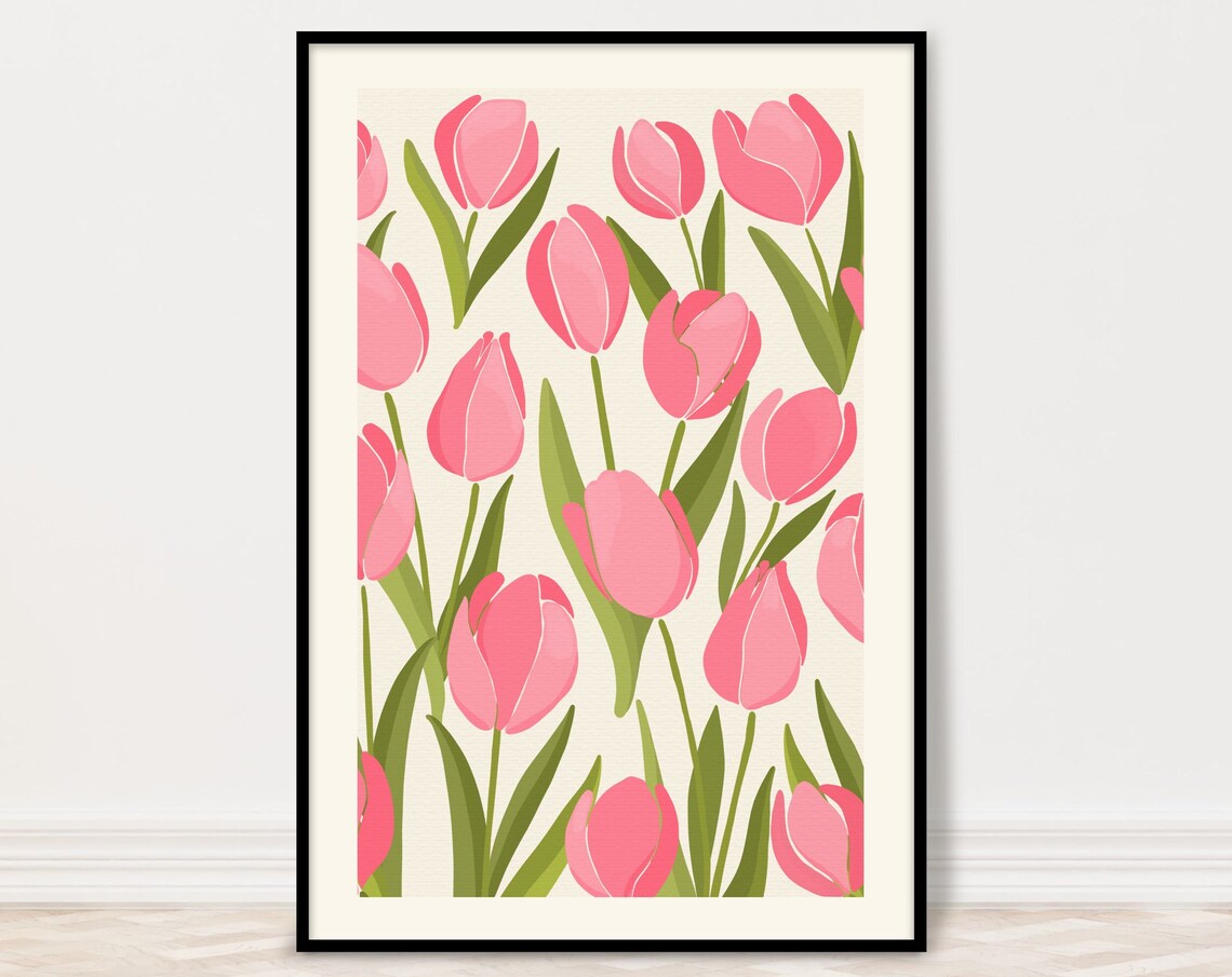 Pink Tulip Flower Field Spring Botanical Illustration Wall Art