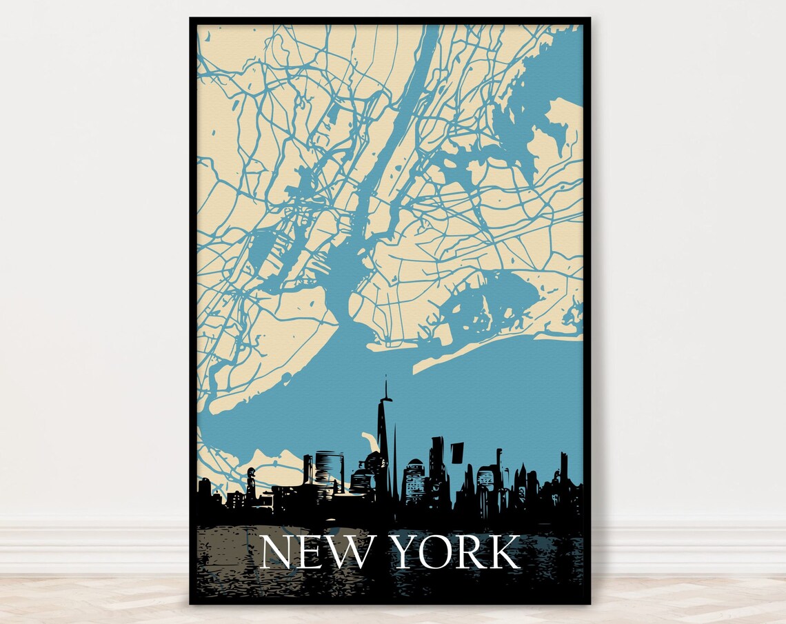 New York City Street Map Skyline Blue Beige Art Poster Travel