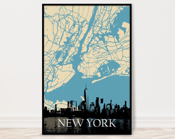 New York Wall Art City Map Print With Skyline Blue Black And Travel Poster Gift 5x7 8x10 11x14 16x20 18x24 24x36
