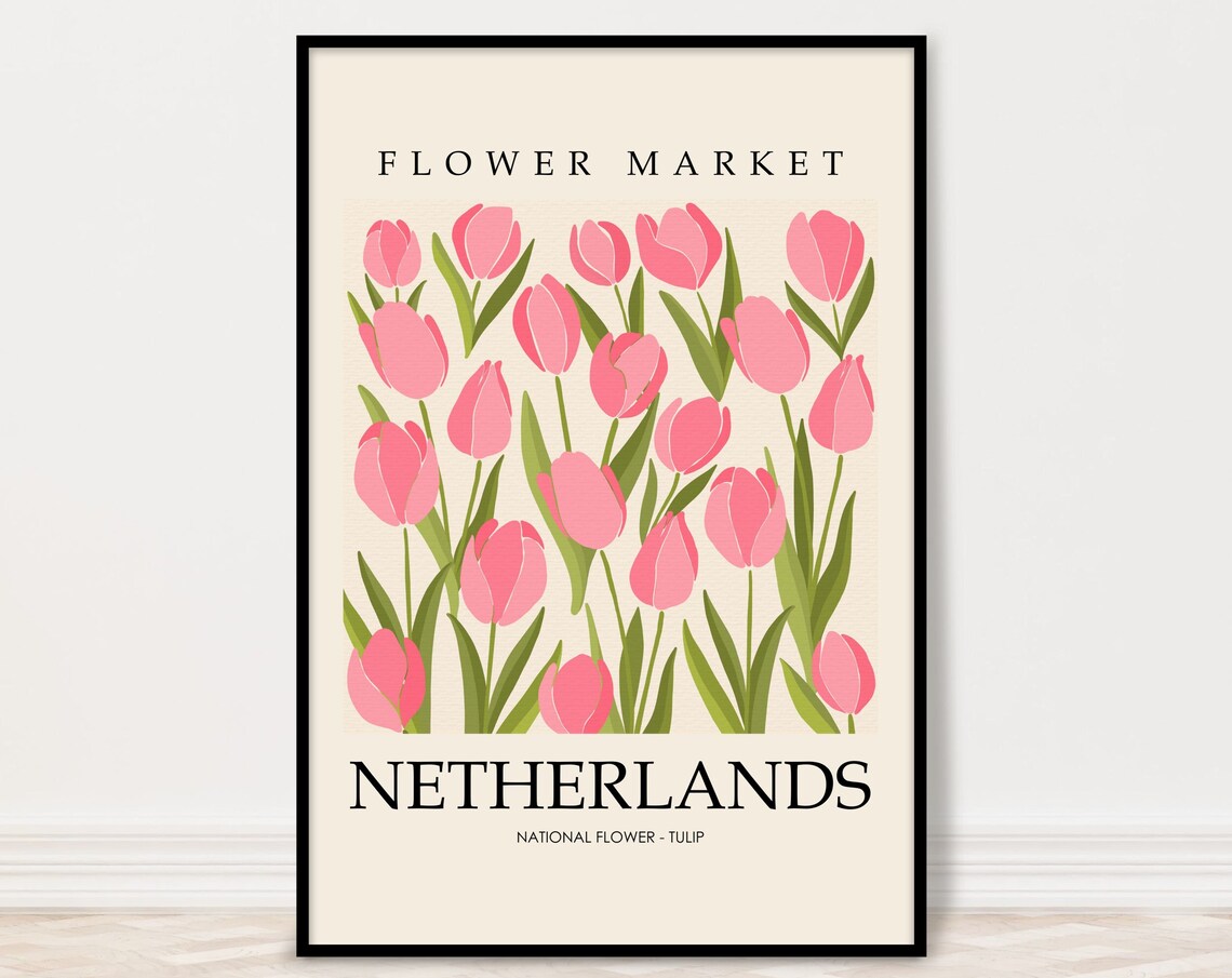 Netherlands Tulip National Flower Market Botanical Pink Floral Poster