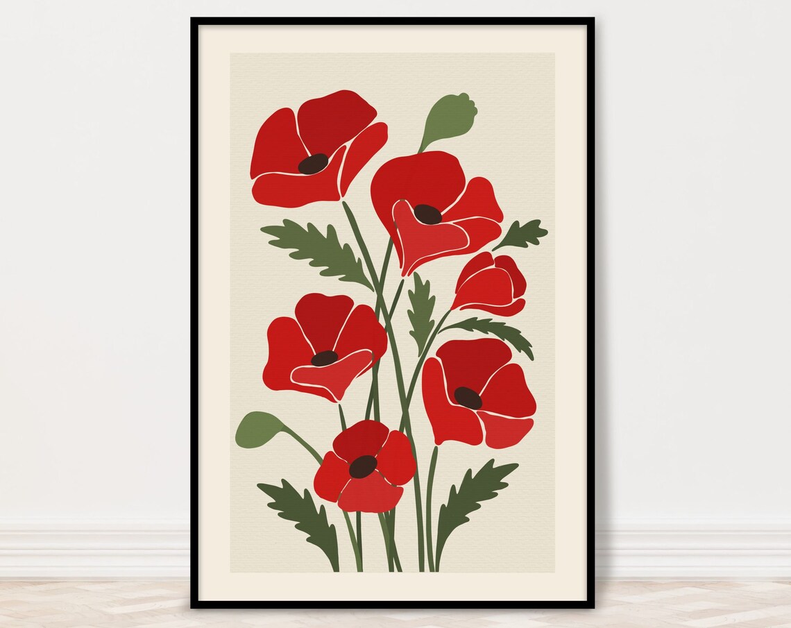 Red Poppy Wildflower Bouquet Modern Minimalist Botanical Wall Art