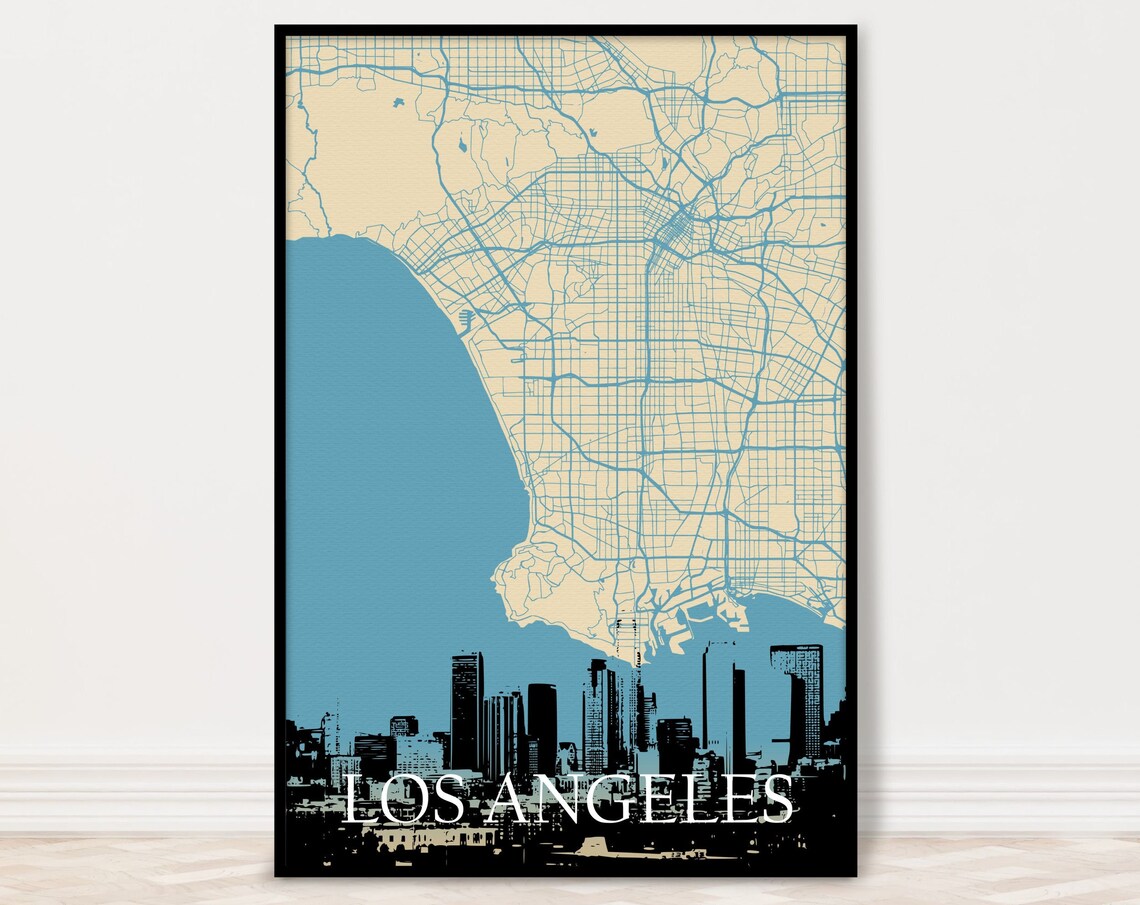Los Angeles Street Map Skyline Blue Beige City Art Poster Travel