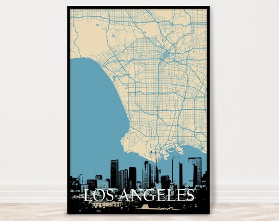 Los Angeles Map Print La City With Skyline Blue Black Travel Poster Art Gift 5x7 8x10 11x14 16x20 18x24 24x36
