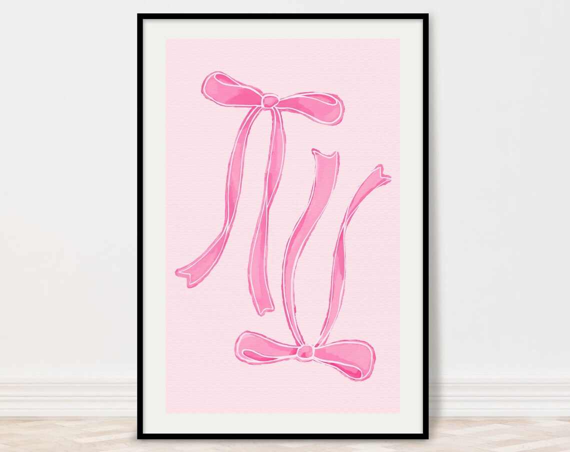 Coquette Pink Bows Watercolor Art Print, Girly Decor